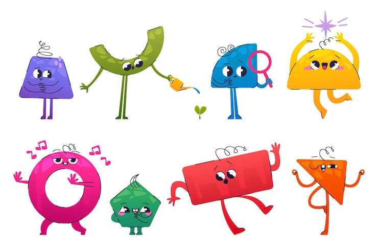 Vetor grátis conjunto de personagens de figuras geométricas com emoções diferentes ilustração em vetor plano de retângulo, triângulo, círculo, trapézio, pentágono, mascotes com elementos de doodle, cantando, dançando, feliz, triste