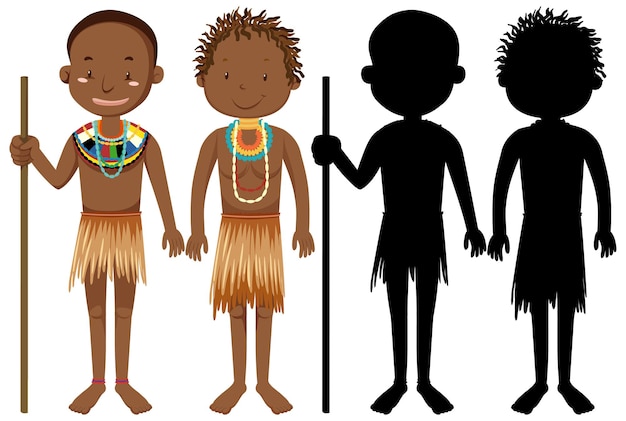 Conjunto de personagens de tribos africanas com sua silhueta