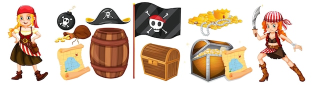 Conjunto de personagens e objetos de desenhos animados piratas