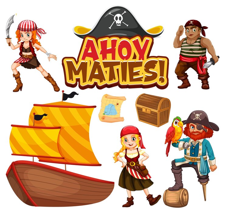 Vetor grátis conjunto de personagens e objetos de desenhos animados piratas