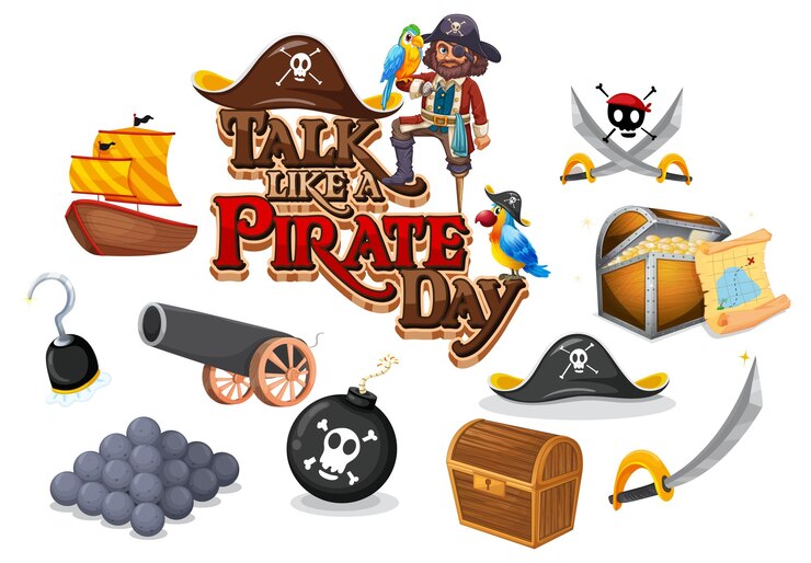 Vetor grátis conjunto de personagens e objetos de desenhos animados piratas