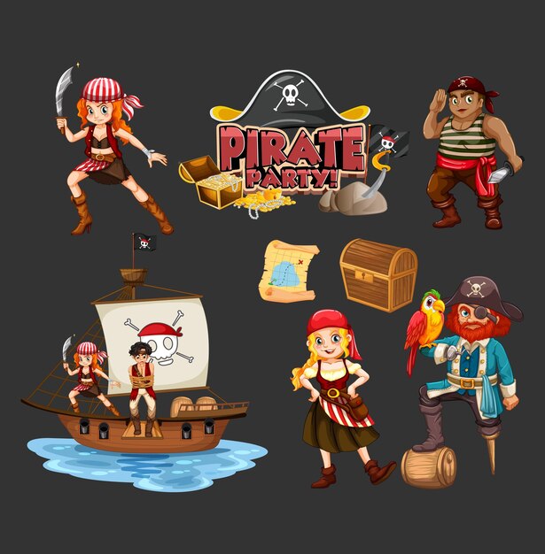 Conjunto de personagens e objetos de desenhos animados piratas