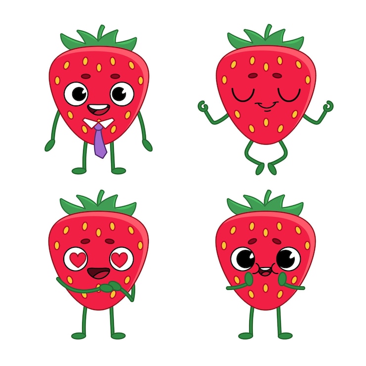 Vetor grátis conjunto de personagens fofos de morango desenhados à mão usando gravata meditando sentindo amor e emoção