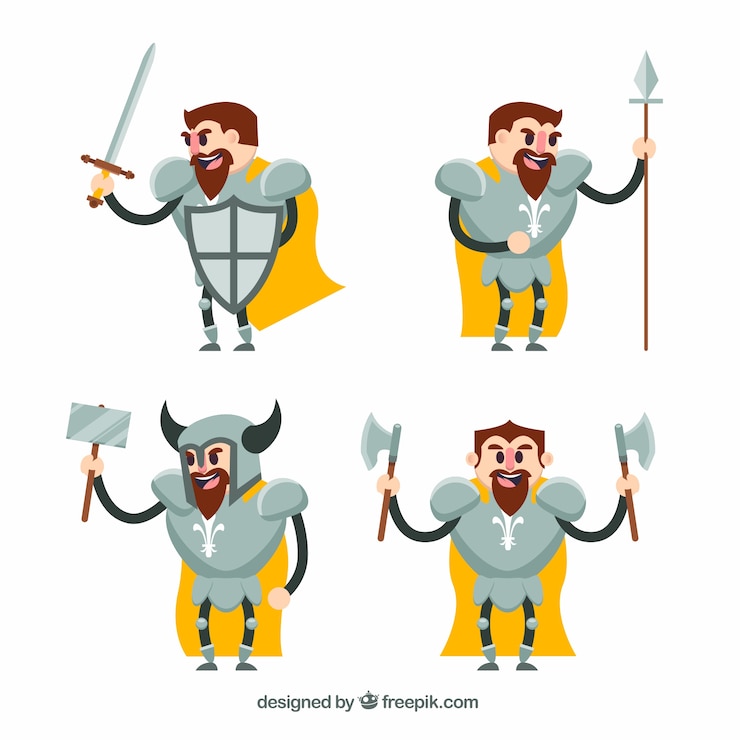 Vetor grátis conjunto de personagens knight com acessórios de luta