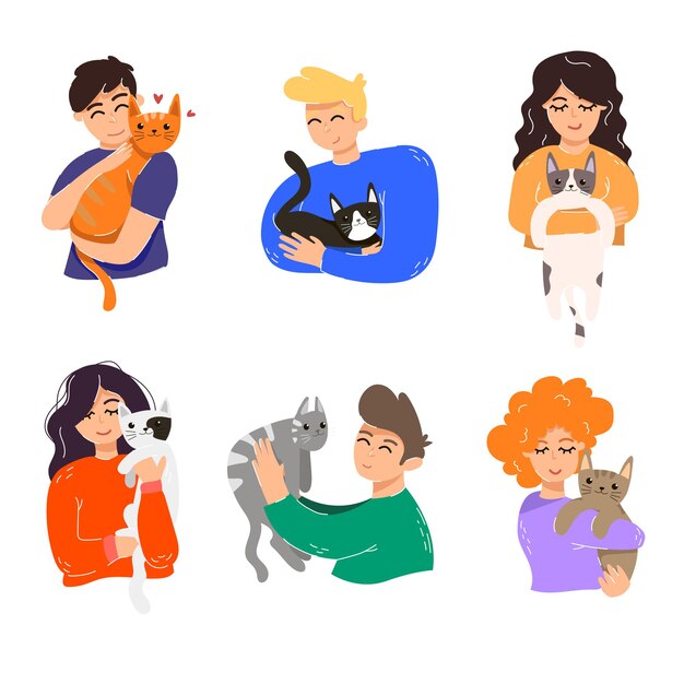 Conjunto de pessoas abraçando seus gatos