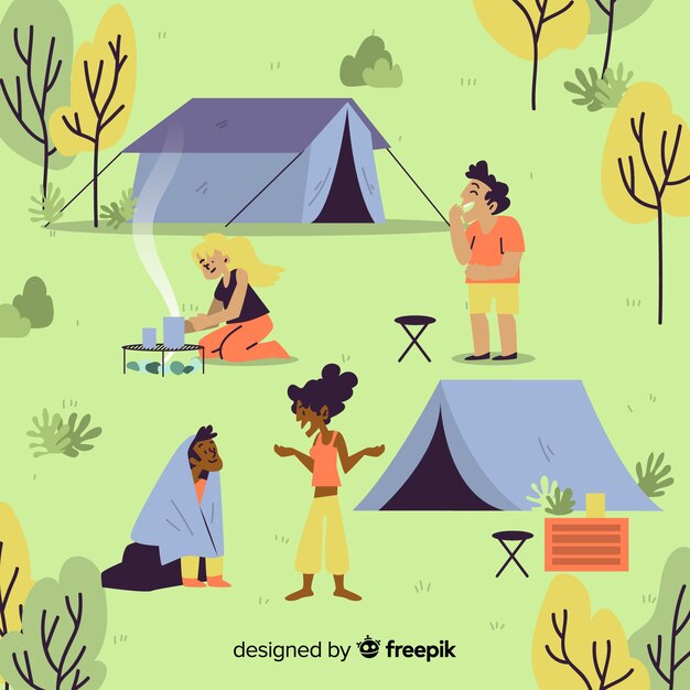 Conjunto de pessoas camping design plano