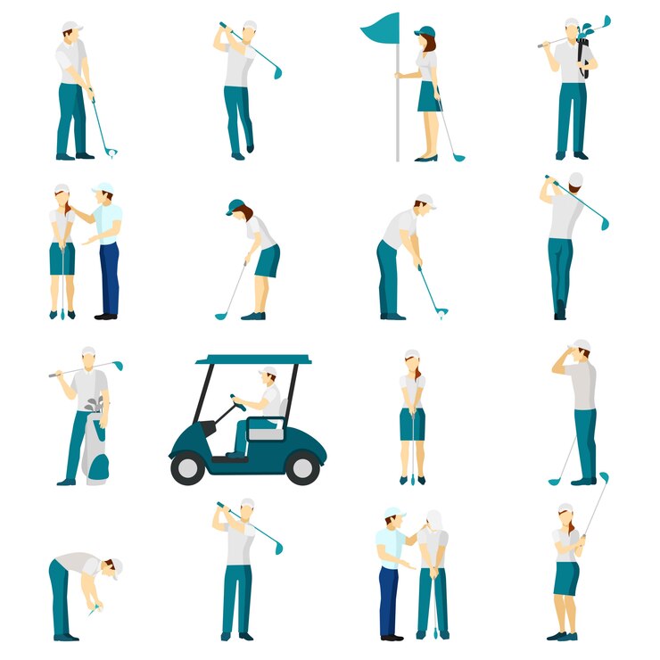 Vetor grátis conjunto de pessoas de golfe plana