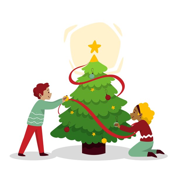 Conjunto de pessoas decorando a árvore de Natal