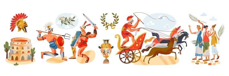 Vetor grátis conjunto de pessoas e elementos do antigo império romano gladiadores lutando contra mulheres do coliseu em carrinho com ânfora de cavalos em fundo branco