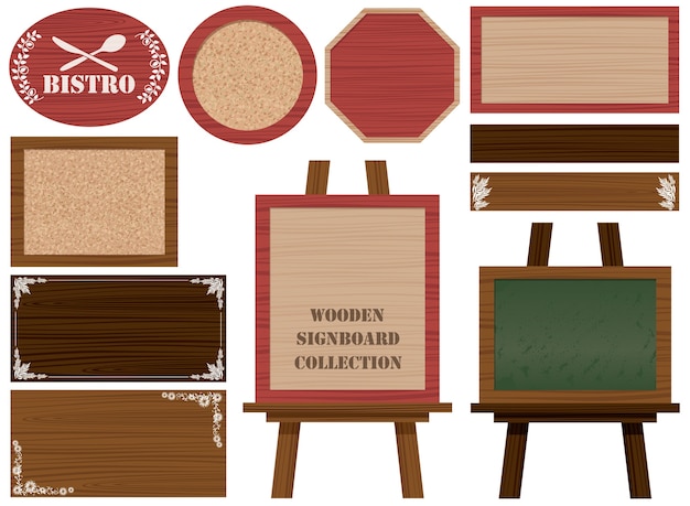 Vetor grátis conjunto de placas de madeira e quadros isolados em um branco.