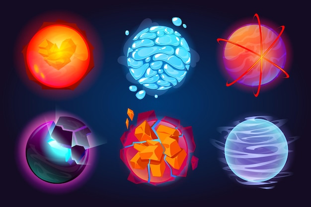 Conjunto de planetas fantásticos, asteróides de galáxia de desenho animado