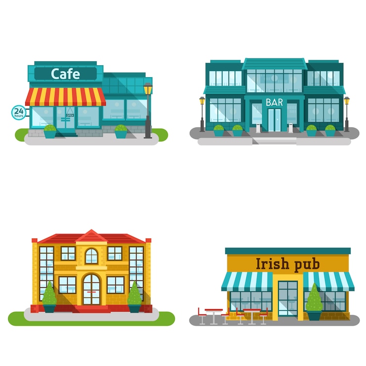 Vetor grátis conjunto de plano de edifícios de café