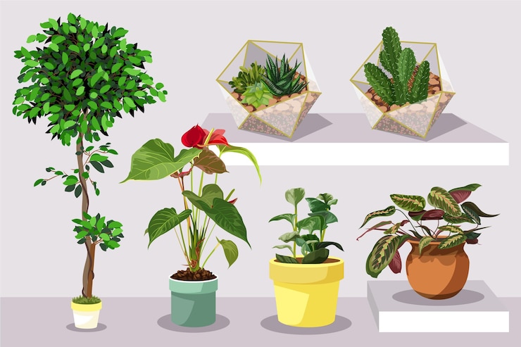 Vetor grátis conjunto de planta de casa plana em vasos