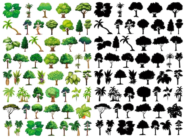 Vetor grátis conjunto de planta e árvore com sua silhueta