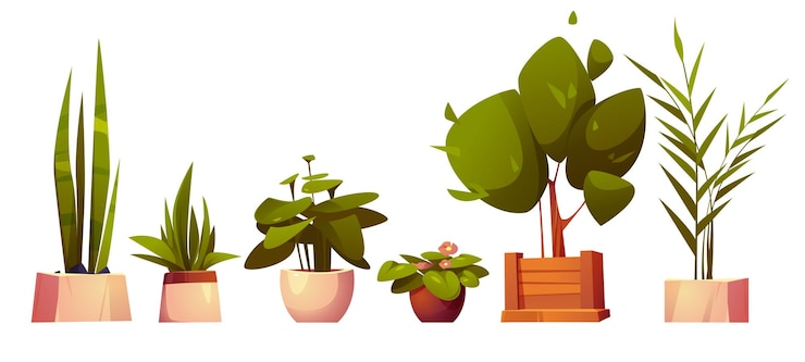 Vetor grátis conjunto de plantas em vasos em casa e árvores em vasos de flores