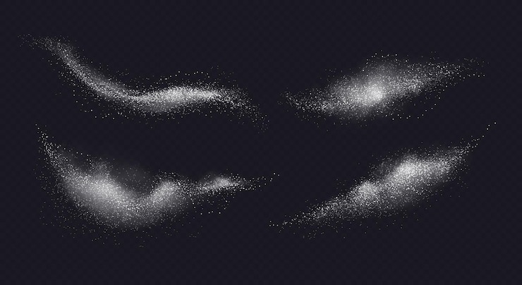 Vetor grátis conjunto de pó branco de sal de açúcar caindo de imagens realistas isoladas de pó branco com ilustração vetorial de partículas detalhadas
