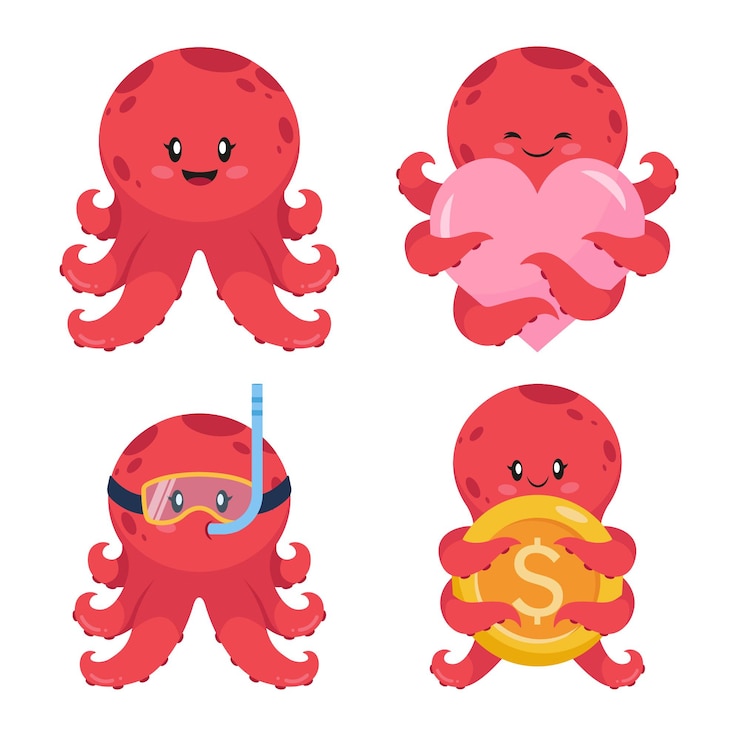 Vetor grátis conjunto de polvos bonitos desenhados à mão sorrindo, segurando o coração, usando máscara de mergulho, segurando a moeda