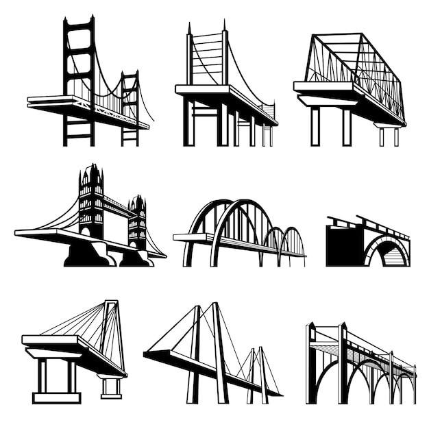 Conjunto de pontes em ícones de vetor de perspectiva. construção de arquitetura, ilustração de objeto de engenharia de estrutura viária urbana