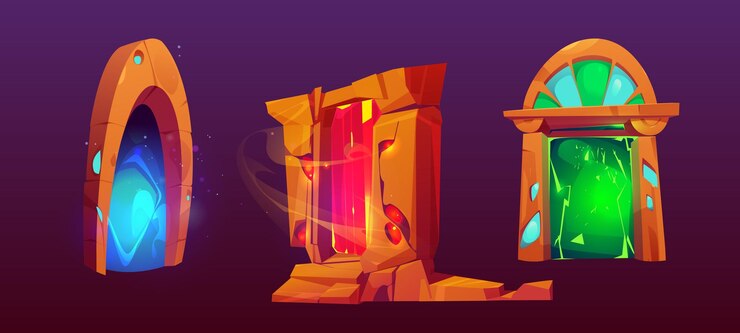 Vetor grátis conjunto de portais de pedra antigos com luz mágica isolada no fundo ilustração vetorial de desenhos animados de portas em arco brilhando com cores neon levando a um fantástico mundo de aventura elementos de design da interface do usuário do jogo