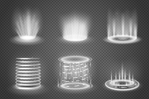 Conjunto de portais mágicos monocromáticos realistas com efeitos de luz na ilustração isolada de fundo transparente