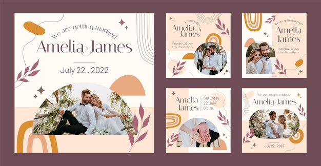 Conjunto de postagem de instagram de casamento boho desenhado à mão