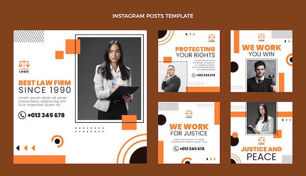 Vetor grátis conjunto de postagem de instagram de escritório de advocacia de design plano