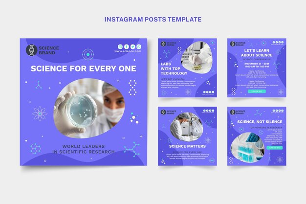 Conjunto de postagens de instagram de ciência plana