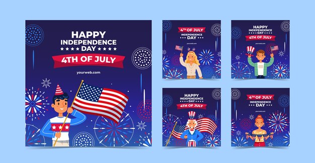Conjunto de postagens do instagram de 4 de julho desenhados à mão