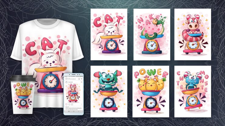 Vetor grátis conjunto de pôster de animais fofos e merchandising