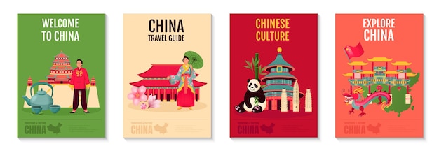 Vetor grátis conjunto de pôsteres da china com marcos de viagem e ilustração vetorial isolada de símbolos culturais