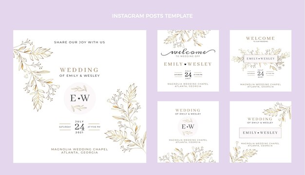 Conjunto de postes ig de casamento desenhados à mão
