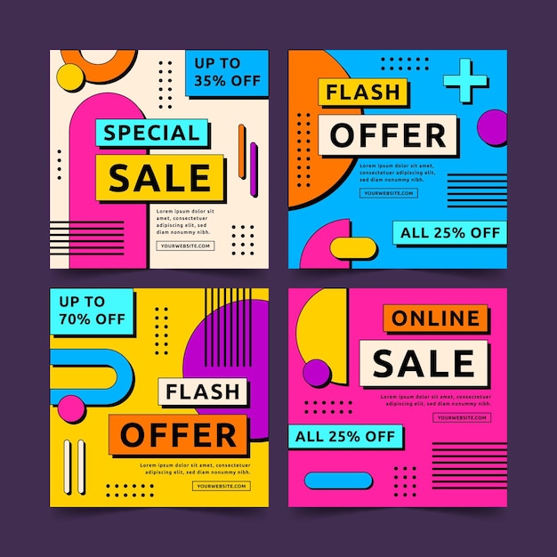 Vetor grátis conjunto de postes instagram de venda colorida de design plano