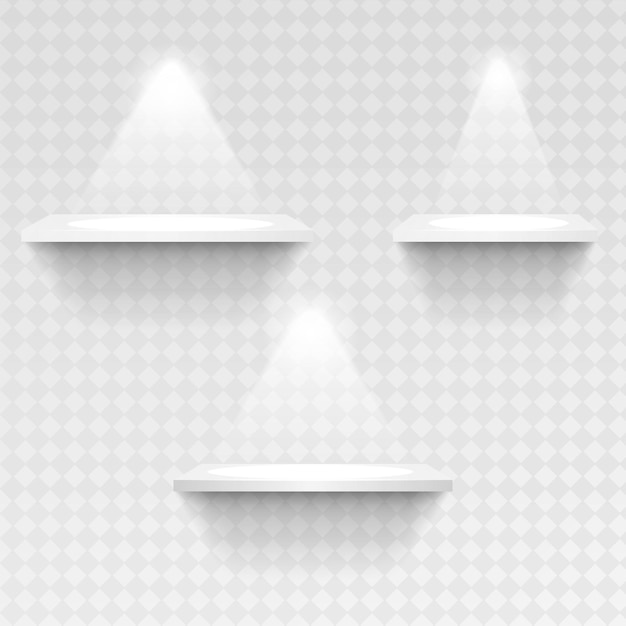 Vetor grátis conjunto de prateleiras brancas vazias isoladas em fundo transparente elementos de design vetorial
