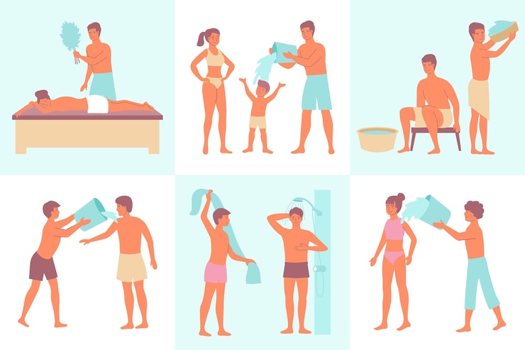 Vetor grátis conjunto de procedimentos de água de composições quadradas planas com personagens humanos doodle realizando procedimentos de banho com ilustração vetorial de acessórios