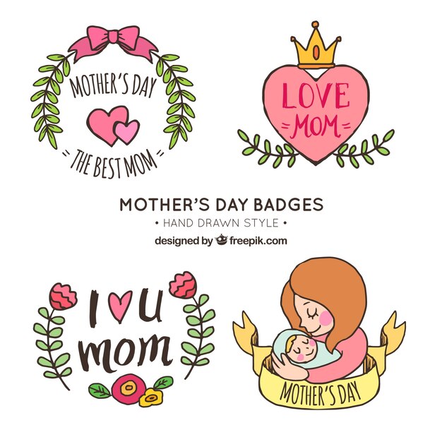 Conjunto de quatro adesivos desenhados à mão para o dia da mãe
