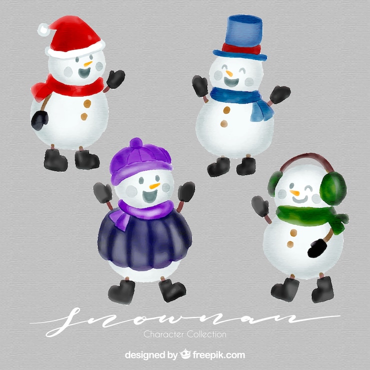 Vetor grátis conjunto de quatro bonecos de neve de aquarela