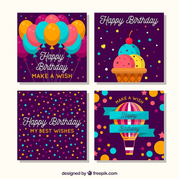 Conjunto de quatro cartões de aniversário roxos