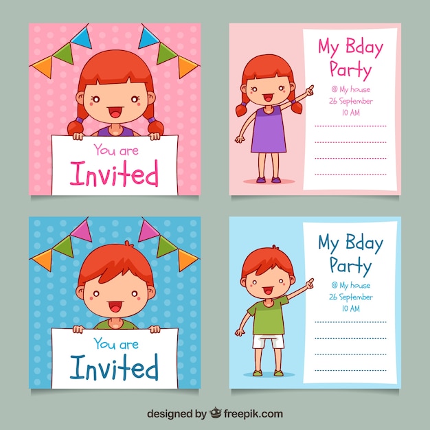 Conjunto de quatro convites de aniversário quadrados desenhados à mão