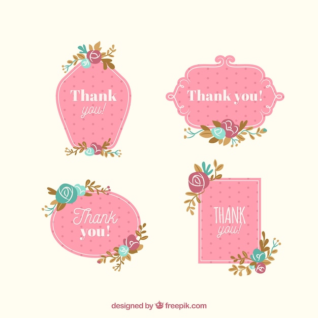 Vetor grátis conjunto de quatro etiquetas rosa com flores planas