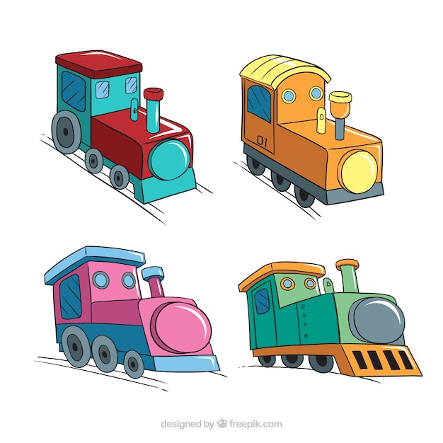 Conjunto de quatro locomotivas coloridas brinquedo