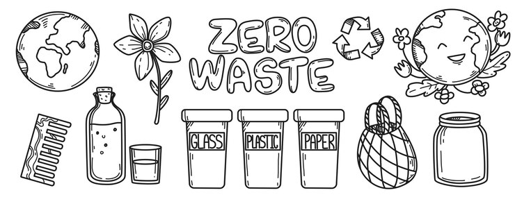 Vetor grátis conjunto de rabiscos vetoriais de produtos sem desperdício desenhados à mão planeta terra e elementos de objetos ecológicos de reciclagem ec