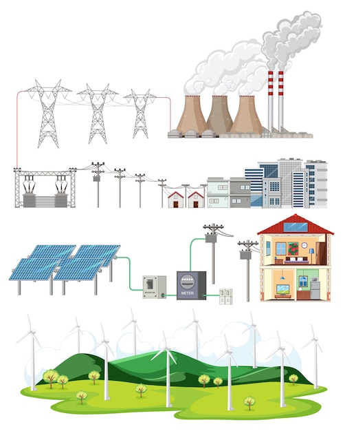 Conjunto de recursos de energia em fundo branco