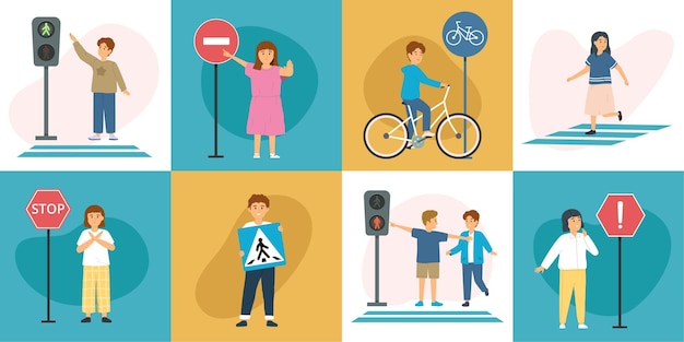 Vetor grátis conjunto de regras de trânsito para crianças de composições quadradas com personagens de doodle de crianças com sinais de semáforos ilustração vetorial