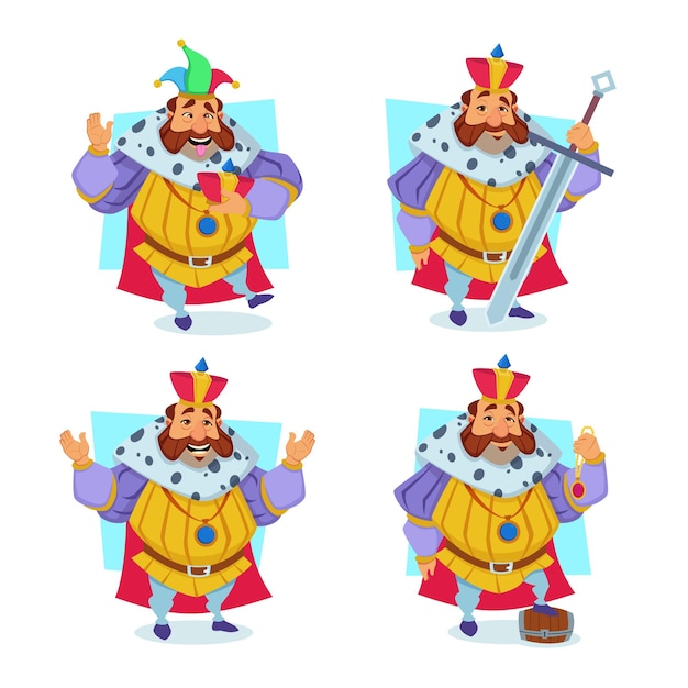 Vetor grátis conjunto de rei bonito dos desenhos animados usando chapéu de bobo da corte, se divertindo, segurando espada e colar de ouro, saudação