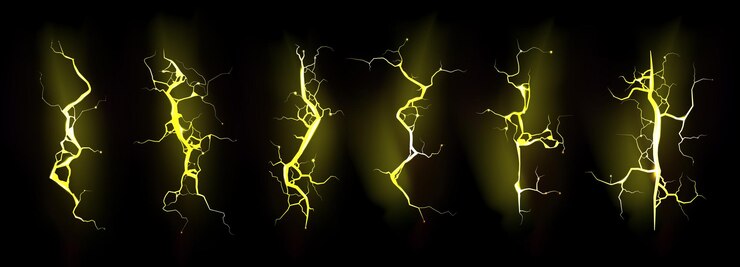 Vetor grátis conjunto de relâmpago amarelo relâmpago elétrico durante tempestade noturna poderoso impacto de descarga elétrica crack flash de energia mágica parafusos vetoriais 3d realistas isolados em fundo preto