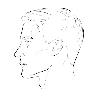 Conjunto de retrato de rosto de homem, três ângulos diferentes e voltas de uma cabeça masculina. esboço de linha do vetor close-up. frente de vista diferente, perfil, três quartos de um menino.