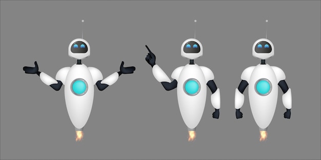 Conjunto de robôs voadores brancos. bots de bate-papo. bom para design de aplicativos e jogos. estilo realista. vetor. Vetor Premium