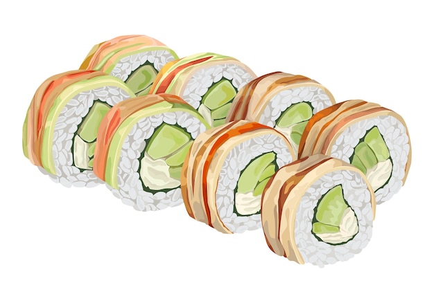 Conjunto de rolos de sushi com enguia e abacate. ilustração em vetor comida desenhada à mão