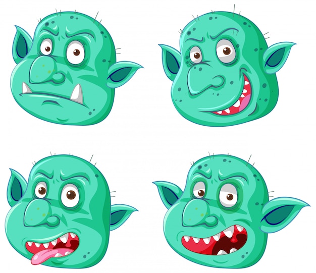 Vetor grátis conjunto de rosto verde goblin ou troll em diferentes expressões em estilo cartoon, isolado