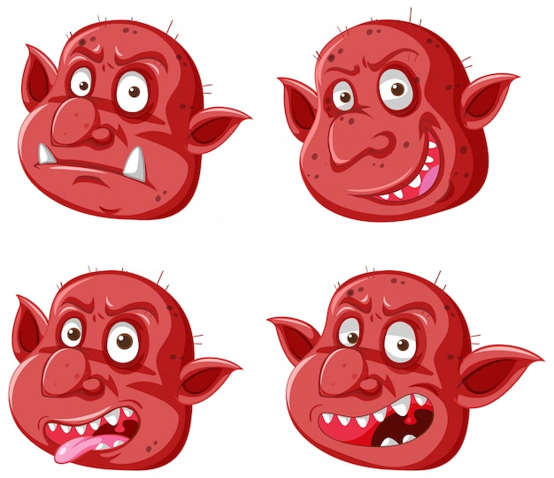 Vetor grátis conjunto de rosto vermelho goblin ou troll em diferentes expressões no estilo cartoon